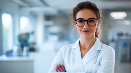 Fototapeta premium portrait of a professional young female doctor in her medical attire and gloves conducting tests at high-tech research center.