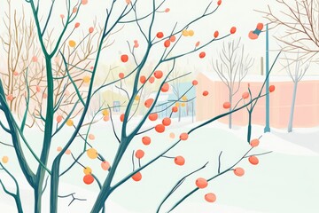 Winter scene featuring snow covered branches of dry plants with a dreamy blurred backdrop and ample space for coloring