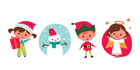 Cute children and Santa elves. Children in festive costumes. Baby angel.  Kids with christmas accessorizes and gifts. Snowman with scarf.