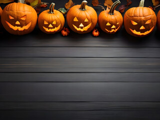 Obraz premium Halloween pumpkin border on wooden background with copy space