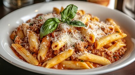 Penne pasta with a rich tomato meat sauce, topped with Parmesan cheese and fresh basil.