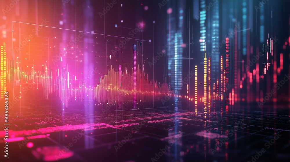 Poster vibrant data visualization in abstract digital landscape showcasing colorful graphs and waveforms wi