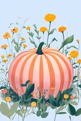 Illustration of a large striped pumpkin surrounded by marigold flowers Seasonal harvest plant based nutrition natural produce