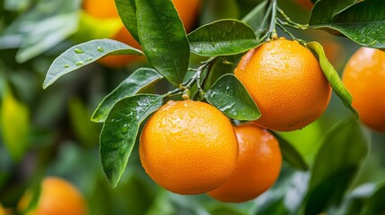 Ripe oranges hanging on branches with green leaves.