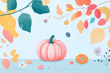 Obraz premium Coloring page featuring autumn harvest elements with pumpkins fall leaves and flowers on a rustic wooden table Flat lay design with ample space for creative expression