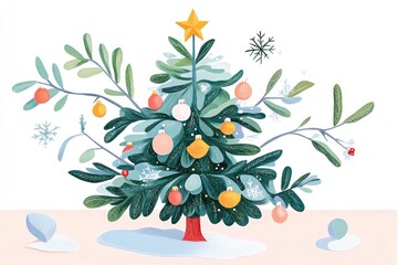 Fototapeta premium Christmas Tree Coloring Page with Yellow Star Decoration and Snowflakes