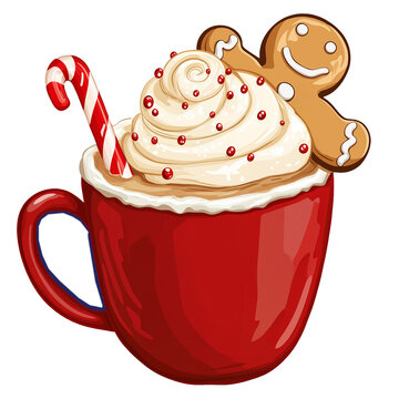 recommend clip art: Red Christmas Mug Hot Chocolate with Candy Cane, Gingerbread Man, Whipped Cream & Sprinkles