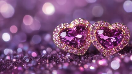 Fototapeta premium Sparkling heart-shaped earrings with pink gemstones, shown close-up against a rich purple background.