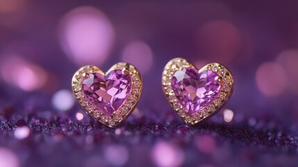 Obraz premium Sparkling heart-shaped earrings with pink gemstones, shown close-up against a rich purple background.