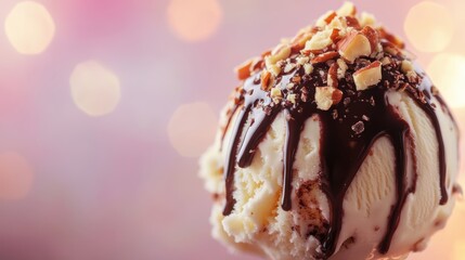 Vanilla ice cream topped with chocolate sauce and chopped nuts against a bokeh background.