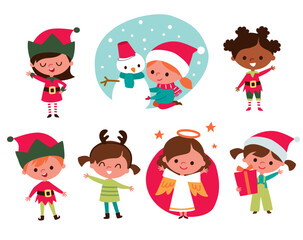 Cute children and Santa elves. Children in festive costumes. Baby angel.  Kids with christmas accessorizes and gifts. Snowman with scarf.