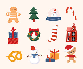 Fototapeta premium Set of Christmas elements. Santa Claus smiling. Cartoon snowman, reindeer, teddy bear, gingerbread men.