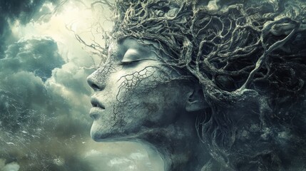Surreal artwork of a woman with tree-like roots growing from her head in a mystical setting.