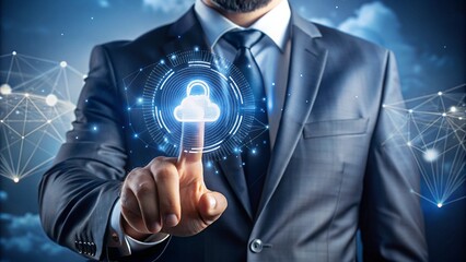 Businessman and fingerprint scanning unlock and access to business data network. Cloud. Biometric identification and cyber security protect transaction from online digital screen.