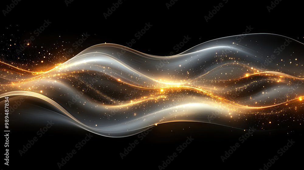 Poster A mesmerizing golden wave flows gracefully, illuminated by sparkling effects that create a captivating visual experience in darkness