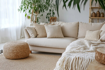 Cozy living room with a light beige sofa and a warm, inviting atmosphere