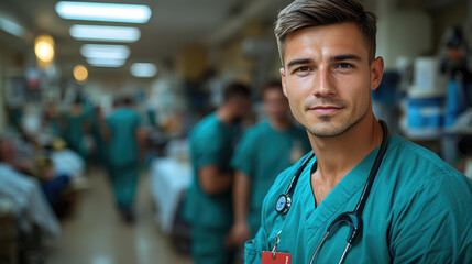 Naklejka premium A young male nurse in scrubs assists patients as the hospital ward buzzes with activity during a busy day shift