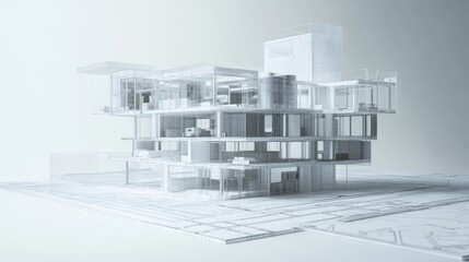 Fototapeta premium A white architectural model of a modern house with a complex design, sitting on a blueprint.