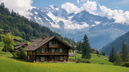 Obraz premium Charming Swiss chalet surrounded by lush greenery and majestic mountains on a sunny day