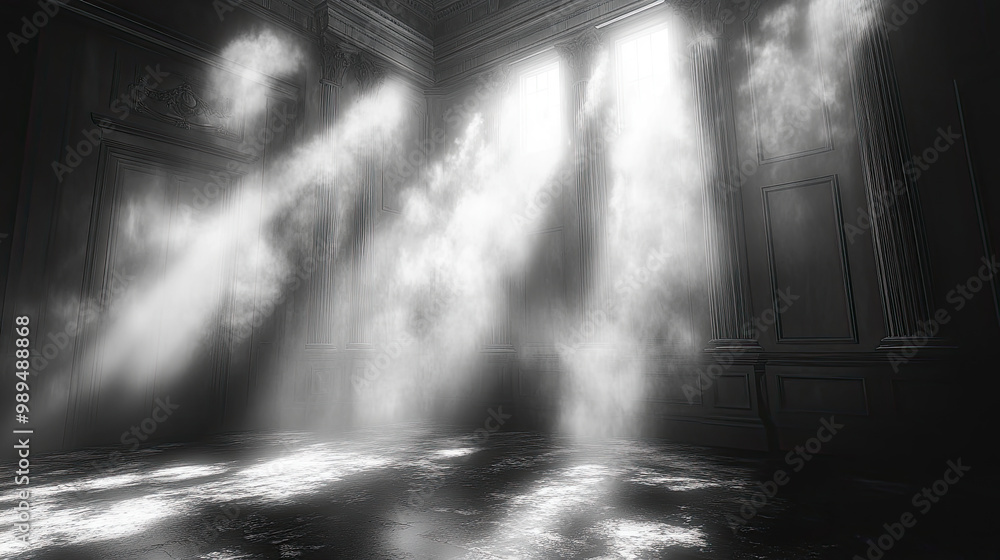Poster sunlight filters through smoke in a dim room, creating an enchanting atmosphere in a beautifully des