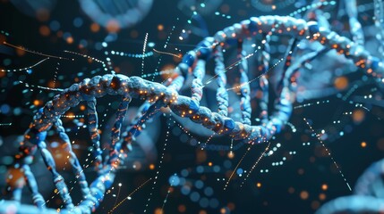 Close-Up of DNA Helix with Glowing Digital Data