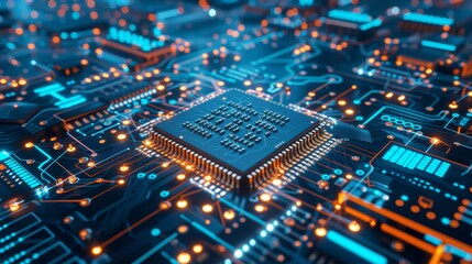 Fototapeta premium Close-Up of Microchip on Glowing Circuit Board