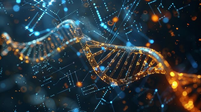 Glowing DNA Strand with Digital Interface and Data Streams - Powered by Adobe
