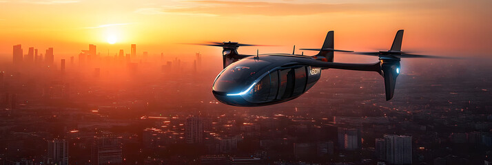 Futuristic Air Taxi Soaring Above Cityscape at Sunset - A sleek, modern air taxi flies over a city at sunset, symbolizing the future of transportation, innovation, urban mobility, and sustainability.