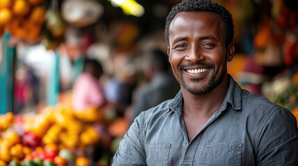 Fototapeta premium The smiling vendor engages with potential customers amidst a colorful array of fruits at a lively market location during the afternoon