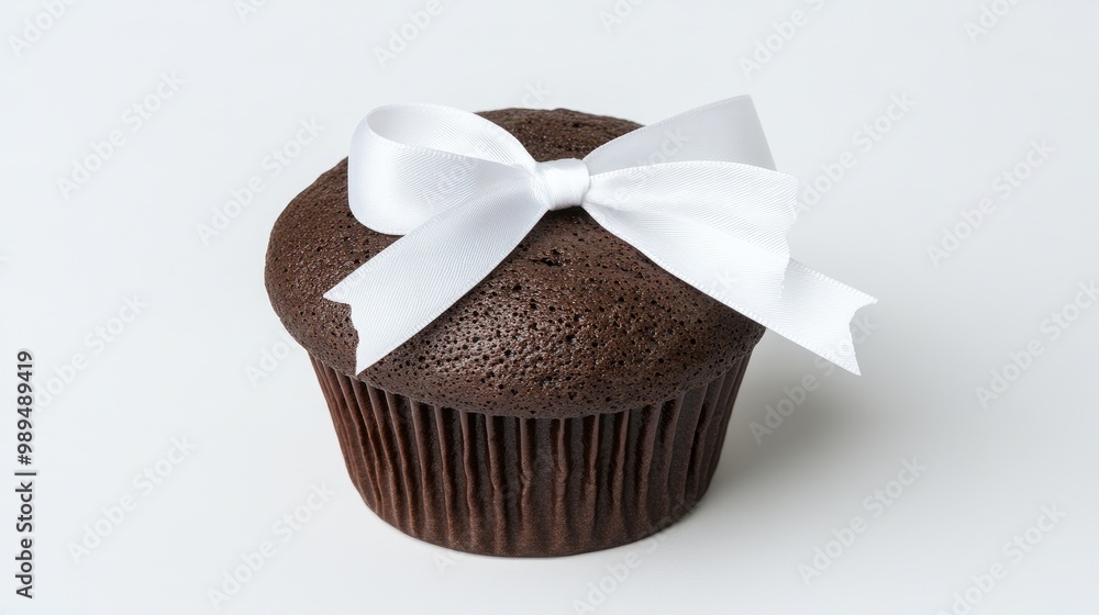 Poster delightful chocolate muffin adorned with a charming ribbon against a minimalistic backdrop for a swe