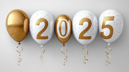 A row of gold and white balloons showcases the number 2025, adding a joyful touch to a celebration or party theme