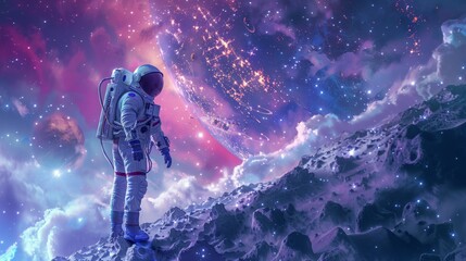 Astronaut Exploring Alien Planet with Colorful Nebula