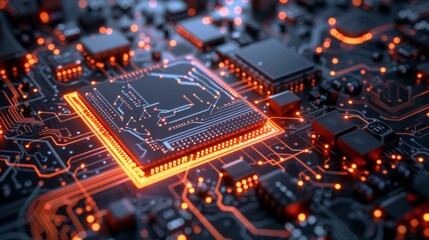 Fototapeta premium Close-Up of Glowing Circuit Board with Microchip
