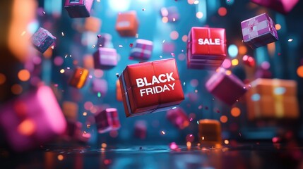 Black Friday Sale Background with Flying Gift Boxes and Neon Lights