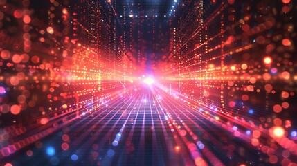 Fototapeta premium Bright Digital Grid with Glowing Red Lights