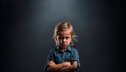 Cute young girl stands with a pouty expression, clearly upset about something. Her arms are crossed over her chest, adding to her disgruntled demeanor.