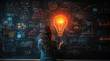 Woman Strategizing with Business Analytics on Chalkboard with Glowing Lightbulb Concept