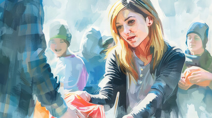 A group of volunteers engages with community members, handing out warm clothing during a winter outreach initiative in the afternoon