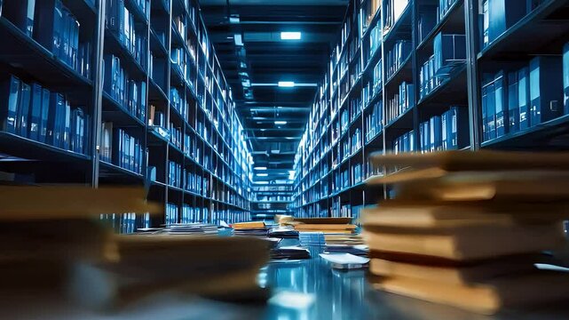 Vast library archive with endless rows of books, shelves filled with knowledge, modern organization, and dim blue lighting.