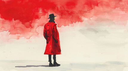Fototapeta premium A solitary figure dressed in a long red coat gazes into a striking red and white expanse, evoking curiosity and introspection outdoors