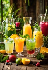 Fototapeta premium colorful assortment refreshing beverages displayed rustic wooden table background, drink, cocktail, juice, soda, tropical, glass, vibrant, fruit