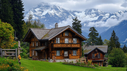 Obraz premium Beautiful wooden chalets nestled in the Swiss Alps surrounded by lush greenery on a cloudy day