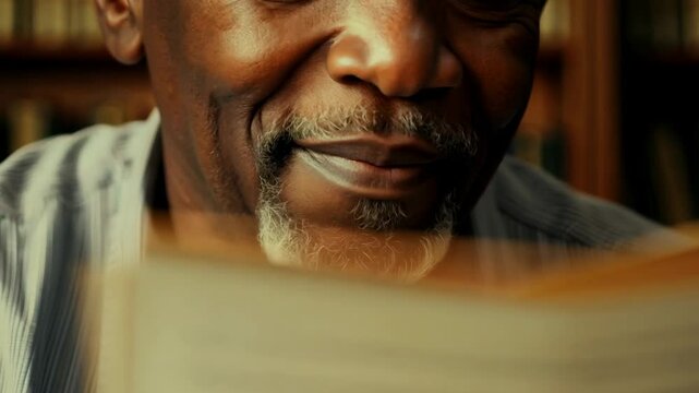 Old African American man reading the book in a library. A peaceful library scene featuring an old man and his favorite book.