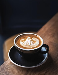 Simple coffee cup with latte art, placed on a wooden table