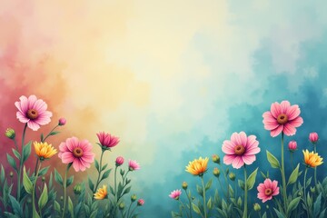 Obraz premium Pink and Yellow Flowers Against a Watercolor Sky