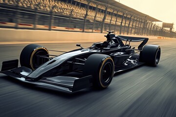 Speeding race car on track with motion blur