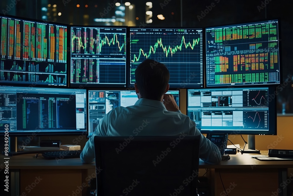 Poster trader analyzing financial data with multiple monitors in a dimly lit office during nighttime hours