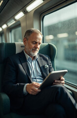 businessman sitting in a train and holding an ipad