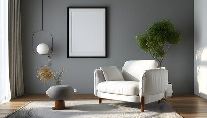 Bright and Inviting Living Room with Comfy White Armchair and Minimalist Art Frame on Soft Grey Wall