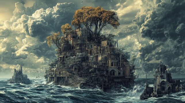 Dramatic ancient ruins rise from turbulent seas under a stormy sky, showcasing nature's power and history's resilience